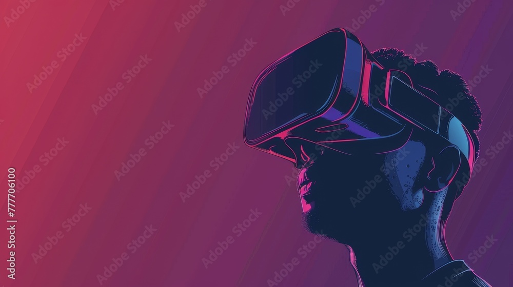 A man wearing a virtual reality headset is looking at a red background. Concept of immersion and excitement, as the viewer is transported into a virtual world. The red background adds a bold A man wearing a virtual reality headset is looking at a red background. Concept of immersion and excitement, as the viewer is transported into a virtual world. The red background adds a bold