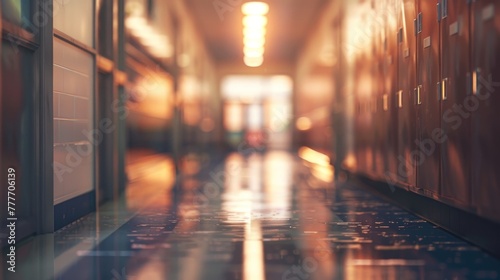 A hallway with a lot of light shining on the floor. The hallway is empty and the light is coming from the ceiling. Background