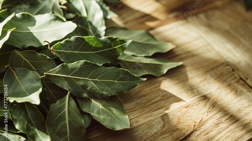 a pile of bay leaves on a wooden kitchen counter photo