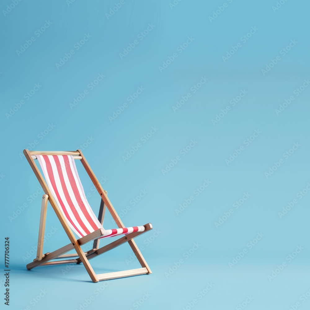 Red and white striped beach chair isolated on blue background. Studio portrait with copy space.