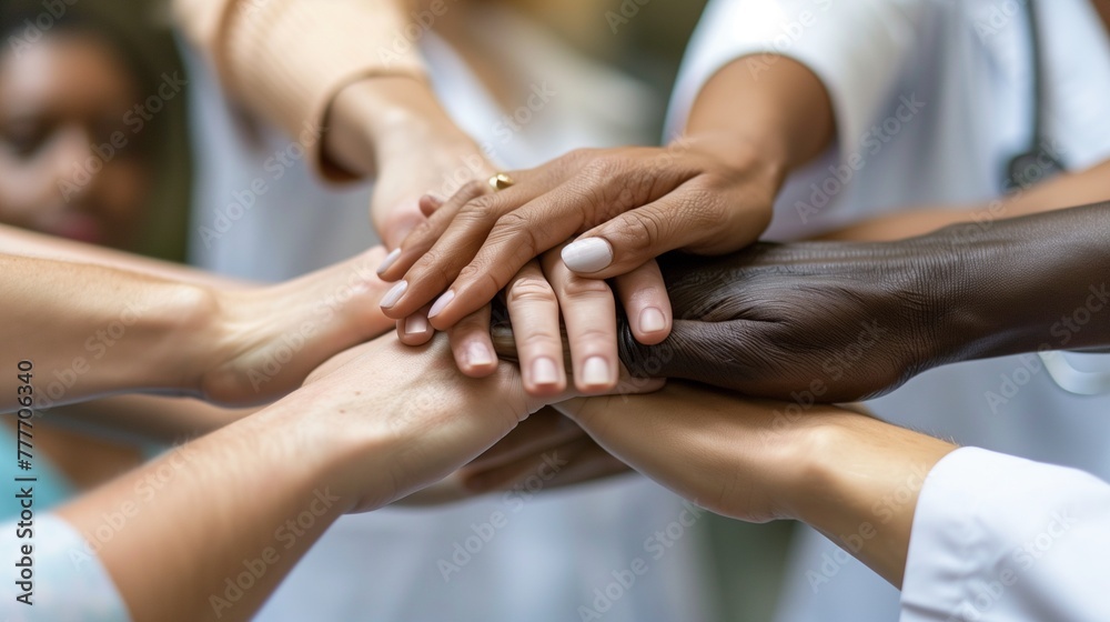 A harmonious blend of diversity and unity: A close-up view of a multiethnic medical team's hands stacked together in a symbol of teamwork and solidarity A harmonious blend of diversity and unity: A close-up view of a multiethnic medical team's hands stacked together in a symbol of teamwork and solidarity