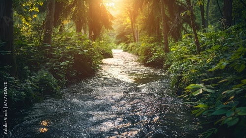A gentle river meandering through a dense, verdant forest, sunlight streaming through the leaves, casting dappled shadows on the water, a sense of serenity and the gentle flow of life.