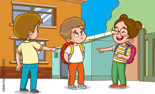 vector illustration of angry kids bullying their weak peers.Kids are being bullied. Verbal and physical social conflict between children, combat abuse, fighting and sarcastic classmate © serkan