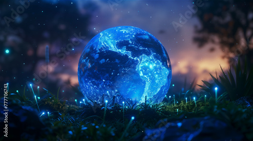 Obraz na płótnie Bioluminescence glass globe of Earth, with blue light. w salonie