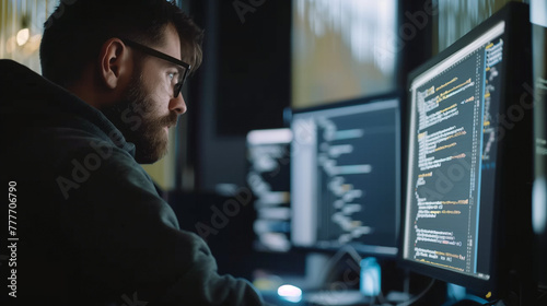 Title: "Focused Developer"
Art Description: Cinematic photos of a software developer engrossed in coding at a dark office desk.