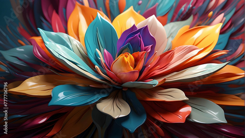 Stunning digital illustration of a vibrant 3D rendered flower bloom with multicolor petals