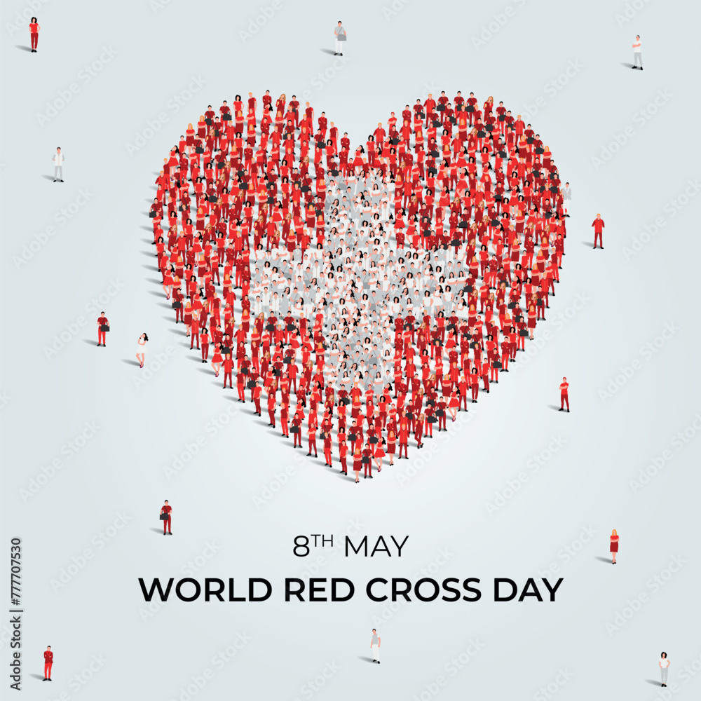 World red cross day concept poster. Large group of people form to