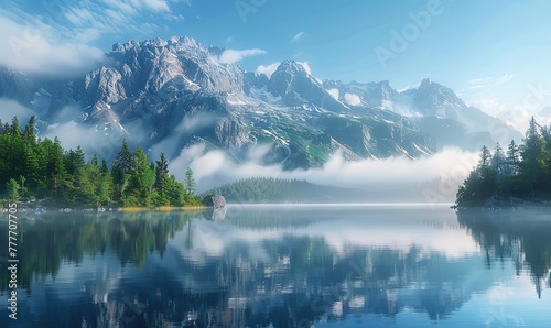 a lake surrounded by trees and mountains in the background