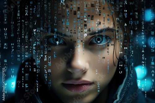 Computer matrix displayed on the girl s face  realistic  beautiful