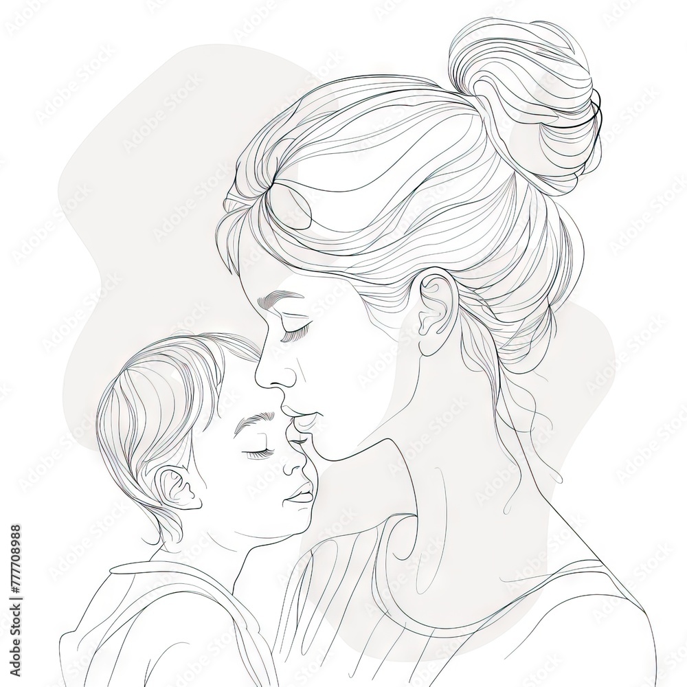 Young mother holding a baby in her arms, nude colors, mother hugging a newborn, warm feelings, love, line, outline drawing in doodle style. AI generated illustration