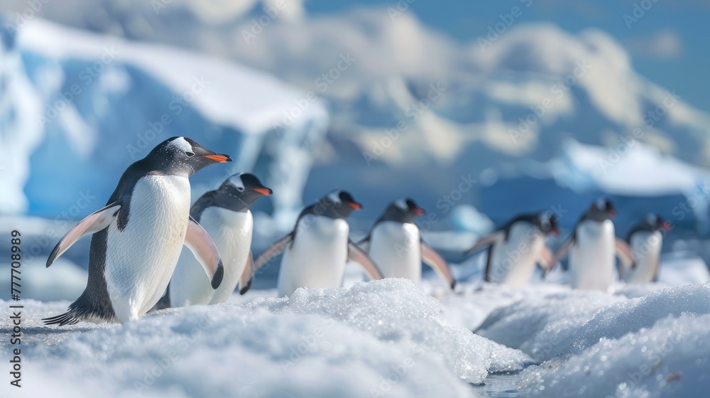 A group of penguins waddling along a snowy Antarctic landscape, the crisp white of the snow contrasting with the deep blues of the distant icebergs, a lively and charming portrayal of life in extreme 