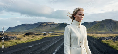 inquadratura di giovane donna in elegante abito chiaro su sfondo di paesaggio nordico