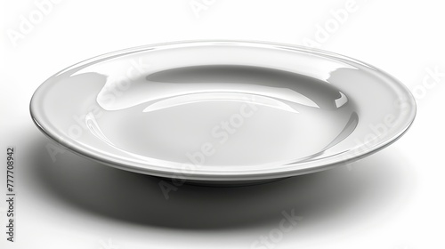 A white plate with no contents, isolated on white background, with full depth of field.
