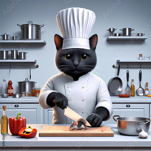 Black cat chef with classic hat prepare mouse as his meal in proffessional kitchen photo