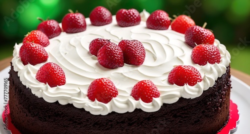 A chocolate cake with strawberries on top.
