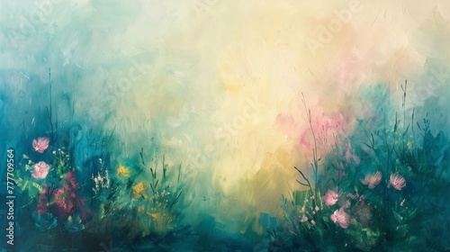 Abstract pastel interpretation of a spring meadow, soft floral hues.