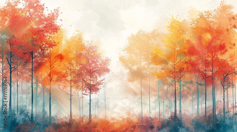 Abstract pastel rendition of a forest in autumn, simplified colors.