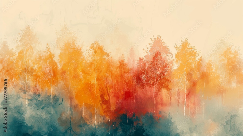 Abstract pastel rendition of a forest in autumn, simplified colors.