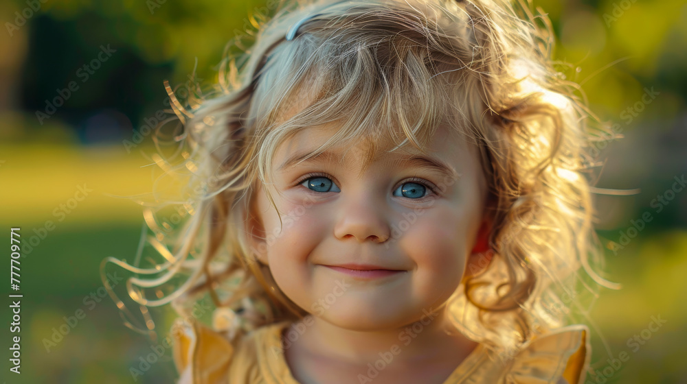 Portrait of a young girl with big blue eyes and curly hair smiling outdoors Portrait of a young girl with big blue eyes and curly hair smiling outdoors