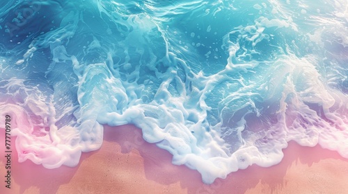 Abstract pastel waves crashing on a sandy beach.