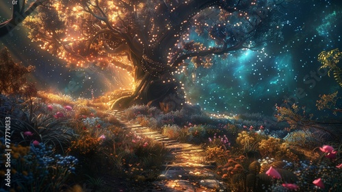 An artist's interpretation of mind mapping as a magical garden, where each path leads to new ideas and connections.