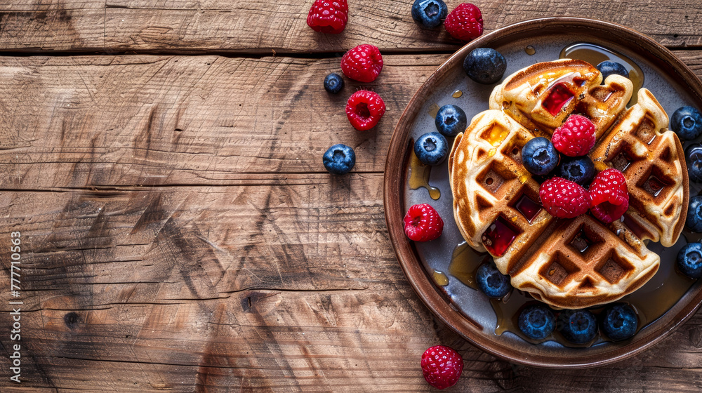 Delicious waffles with blueberries, raspberries, and syrup on a rustic wooden table Delicious waffles with blueberries, raspberries, and syrup on a rustic wooden table
