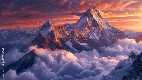 A high mountain pass at sunrise, the peaks illuminated by the first light of day, a carpet of clouds below, the scene imbued with a sense of accomplishment and the beauty of high altitudes. photo