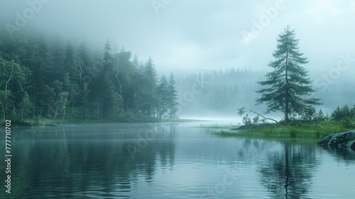   A lake with trees surrounding it on a foggy day, featuring several trees in the foreground and water in both the background and foreground © Liel