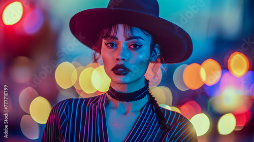 A stylized portrait of a woman with striking makeup and a hat with colorful bokeh lights in the background