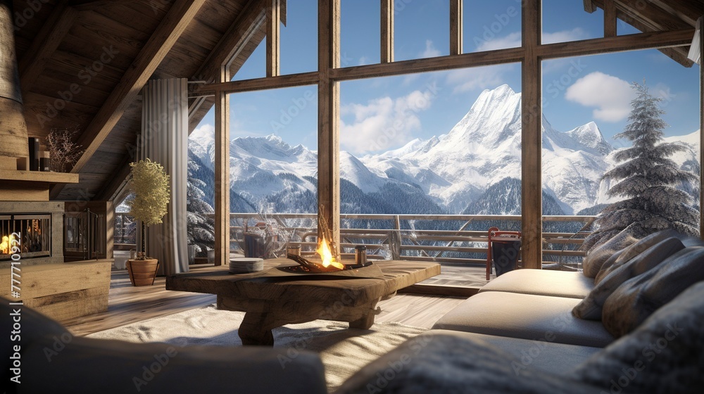Cozy mountain chalet with snow-covered balcony overlooking a scenic alpine valley Cozy mountain chalet with snow-covered balcony overlooking a scenic alpine valley