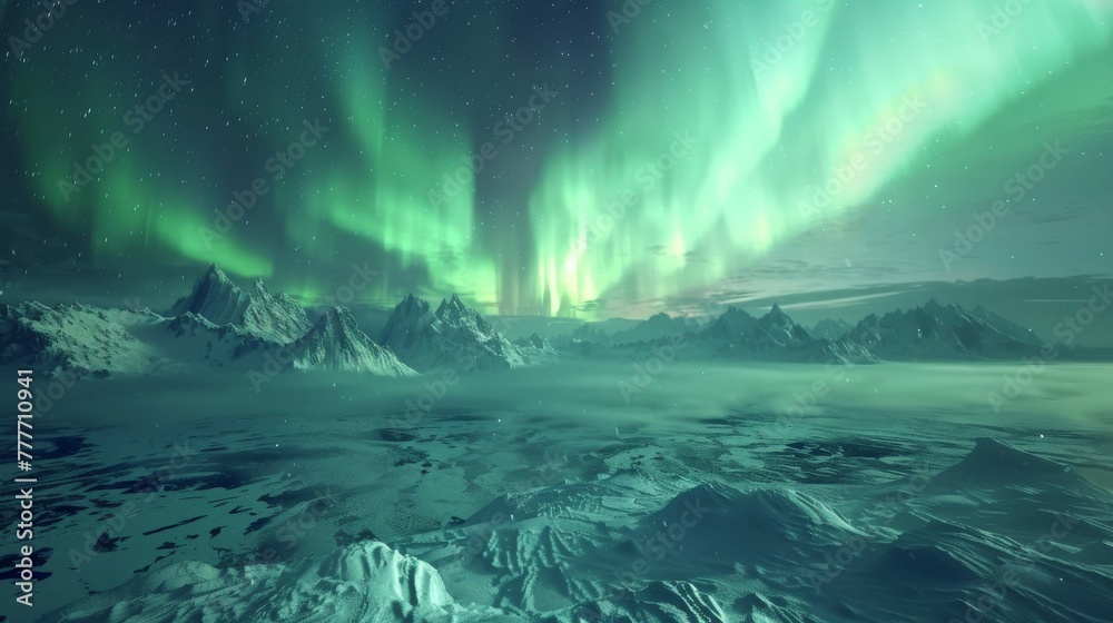 Animated 3D Northern Lights over an icy landscape.