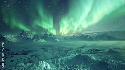 Animated 3D Northern Lights over an icy landscape. © Exnoi