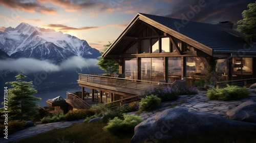Cozy mountain chalet with snow-covered balcony overlooking a scenic alpine valley © Xfinity Stock