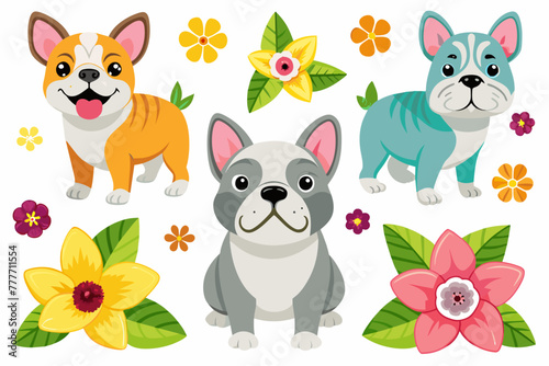 Different poses dogs. Set of cute dogs clipart vector. Lovely dog and friendly puppy doodle Trefoil wild multicolored flower seamless pattern white background