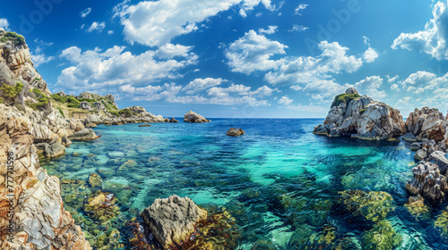 Panoramic view of rocky cliffs and crystal-clear waters under a bright blue sky with scattered clouds