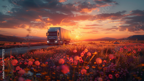 Cargo truck driving through landscape at sunset.