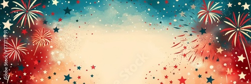 4th of July, Independence Day banner, Fireworks, Flowers and Stars, AI Generated, copy space