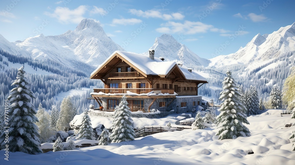 A photo of a Chalet in a Serene Winter Environment A photo of a Chalet in a Serene Winter Environment