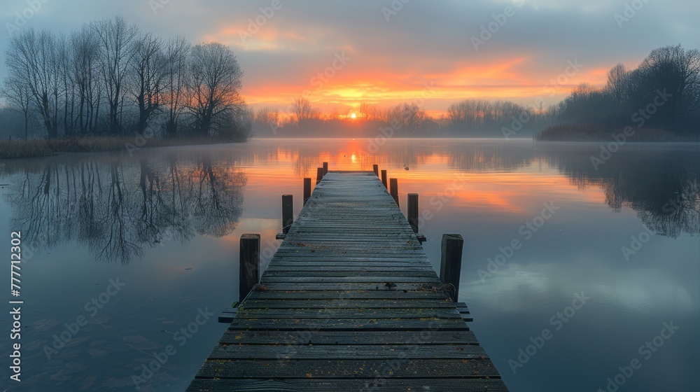   A wooden dock floating on a serene lake beneath a cloudy sky and basking in the golden light of the descending sun