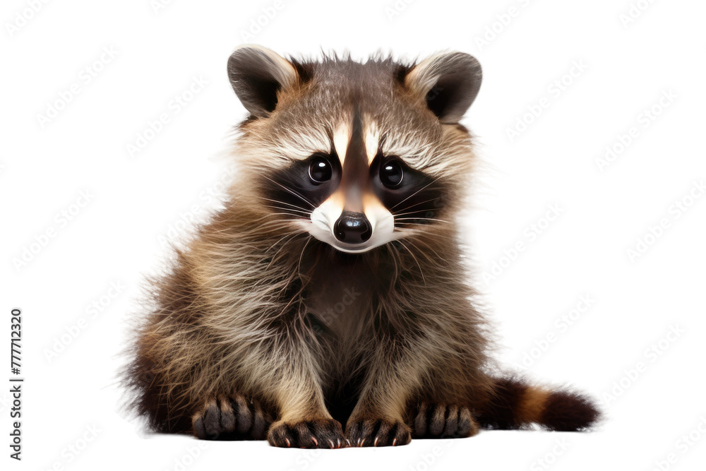 Curious Raccoon Locks Eyes With Camera. White or PNG Transparent Background.
