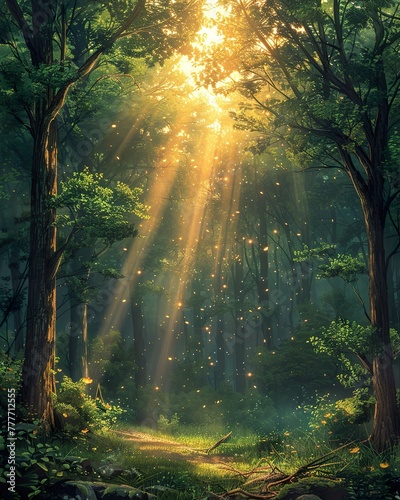 Sunrays through forest canopy, light beams, woodland, nature's beauty, wallpaper, nature background  © Retro graphics