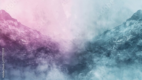 Artistic rendering of a split weather phenomenon, one side depicting a soft, pastel lavender mist, and the other a textured, pastel mint green frost, blending atmospheric conditions. photo