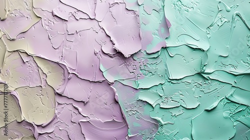 Close-up of a split-textured wall, one side in smooth pastel lavender and the other in a rugged, pastel mint green with a visible brushstroke texture, showcasing contrast and depth.