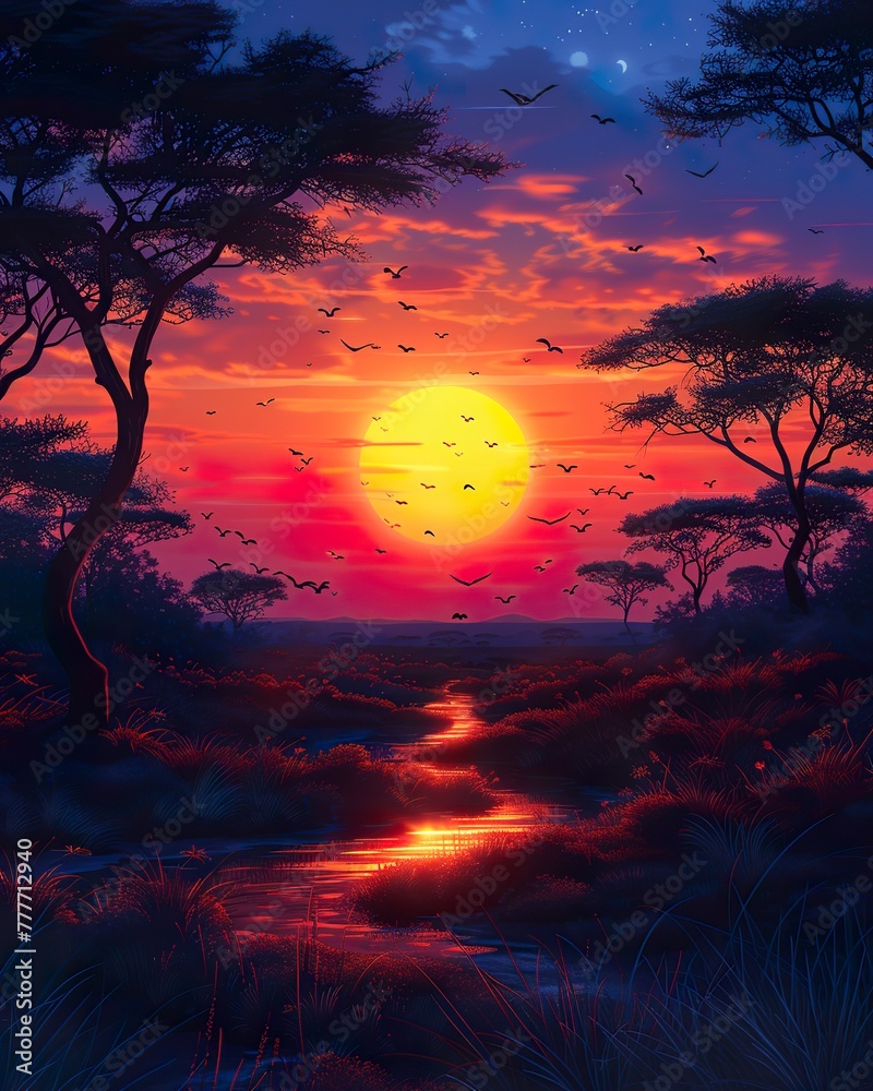 Sunset over the African savanna, wild nature, safari landscape, evening glow,  wallpaper, nature background 