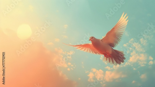 Conjure a background moving from sky blue to pastel orange, with a minimalist bird in flight.