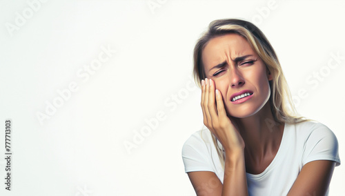 Baner. Młoda kobieta odczuwająca ból zęba, grymas bólu. Miejsce na tekst.  photo