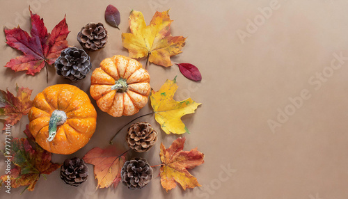 autumn banner with autumn leaves and mini pumpkins on a light brown background. Top view, flat lay with a big copy space