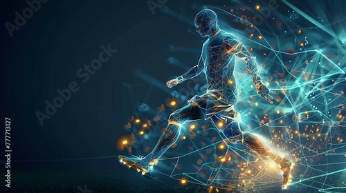 blue digital soccer player with glowing data , artificial intelligence into athlete performance analysis and training, enhancing player skills, strategy, and overall team performance.

