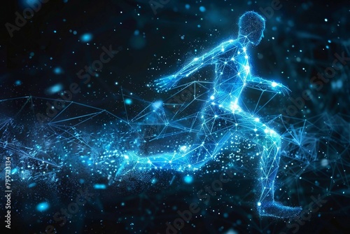 blue digital soccer player with glowing data , artificial intelligence into athlete performance analysis and training, enhancing player skills, strategy, and overall team performance.

