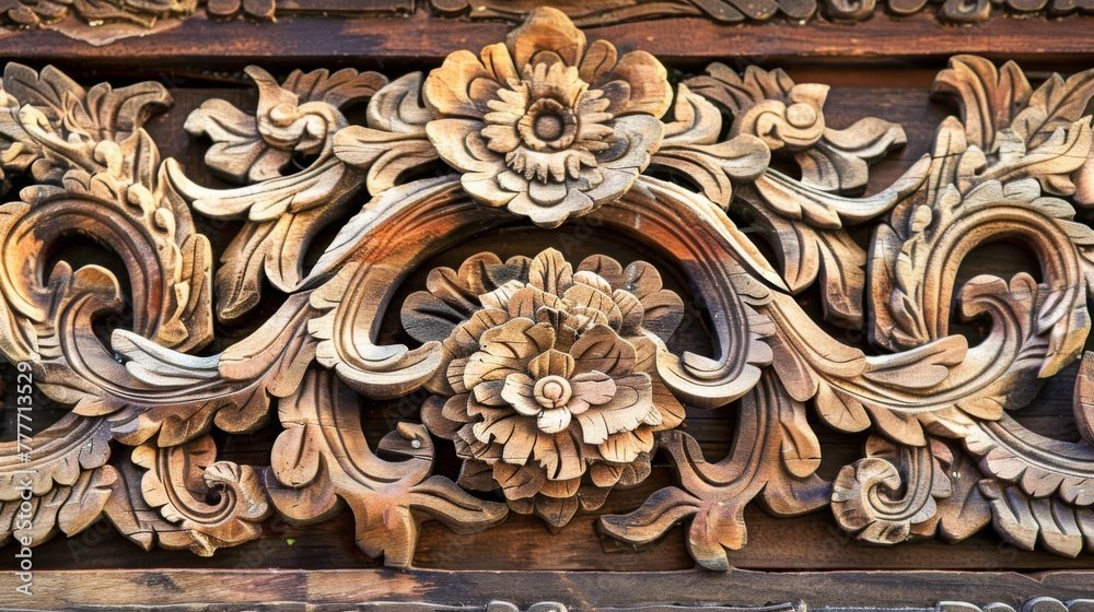 Carved Wooden Panel With Flowers and Leaves